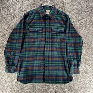 LL Bean Shacket Men Large Green Blue Tartan Plaid 277981 Button Up Heavy Flannel